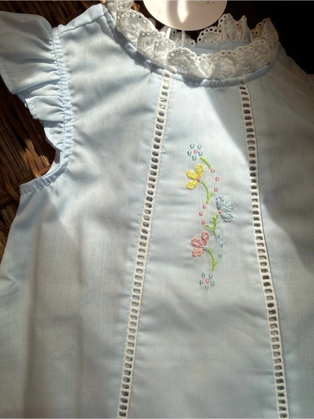 Floral embroidered powder blue slip dress with lace trim and butterfly sleeve